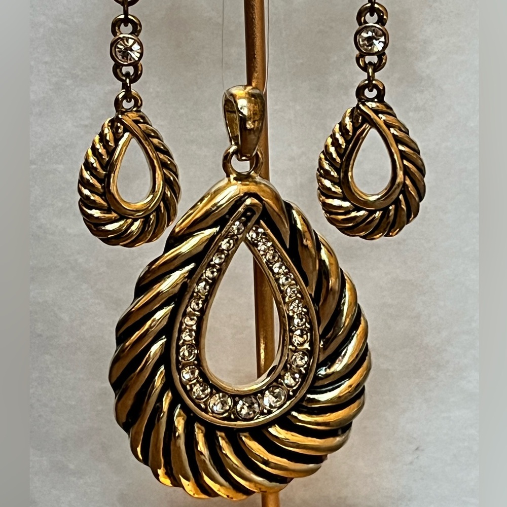 Teardrop Dangle Charm Earrings & Pendant with Crystal Accents
